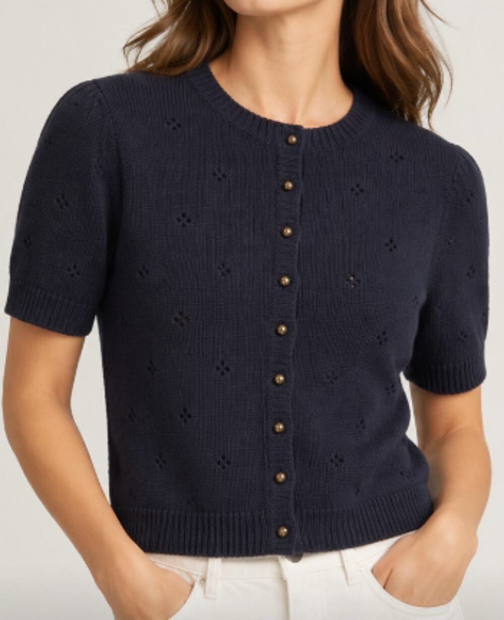 Sézane La Maille Navy Pointelle Knit Cardigan Size M